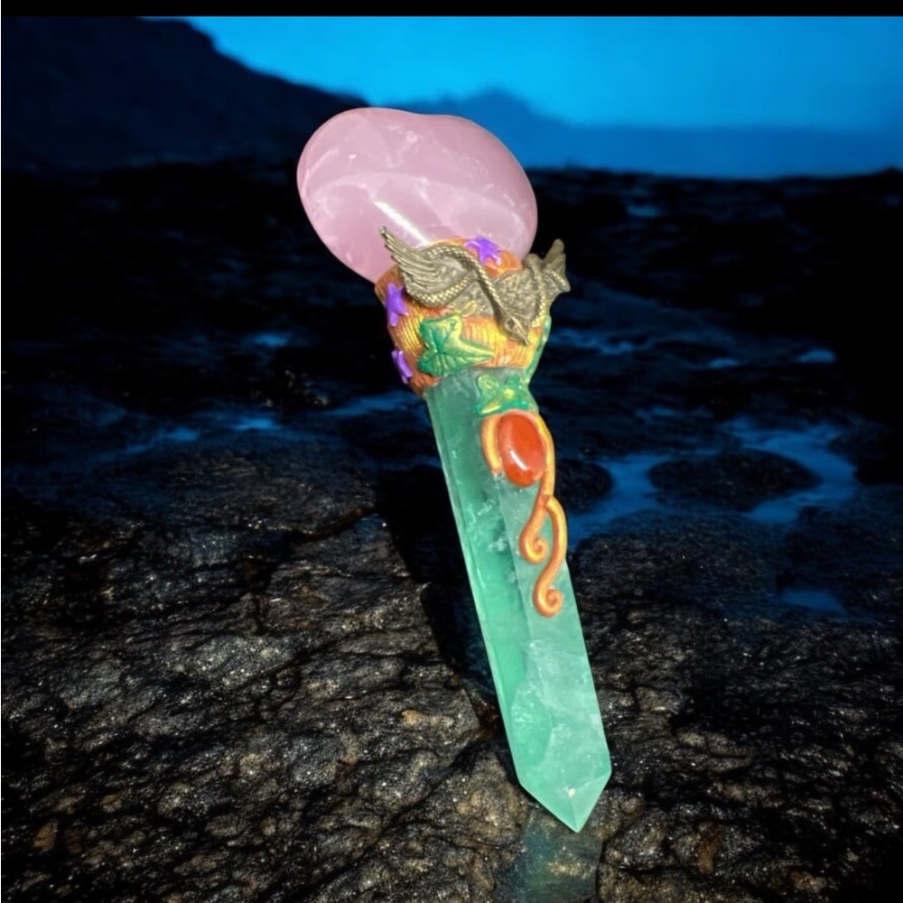 Crystal Wand with Natural Crystals - Rose Quartz, Fluorite, and Carnelian